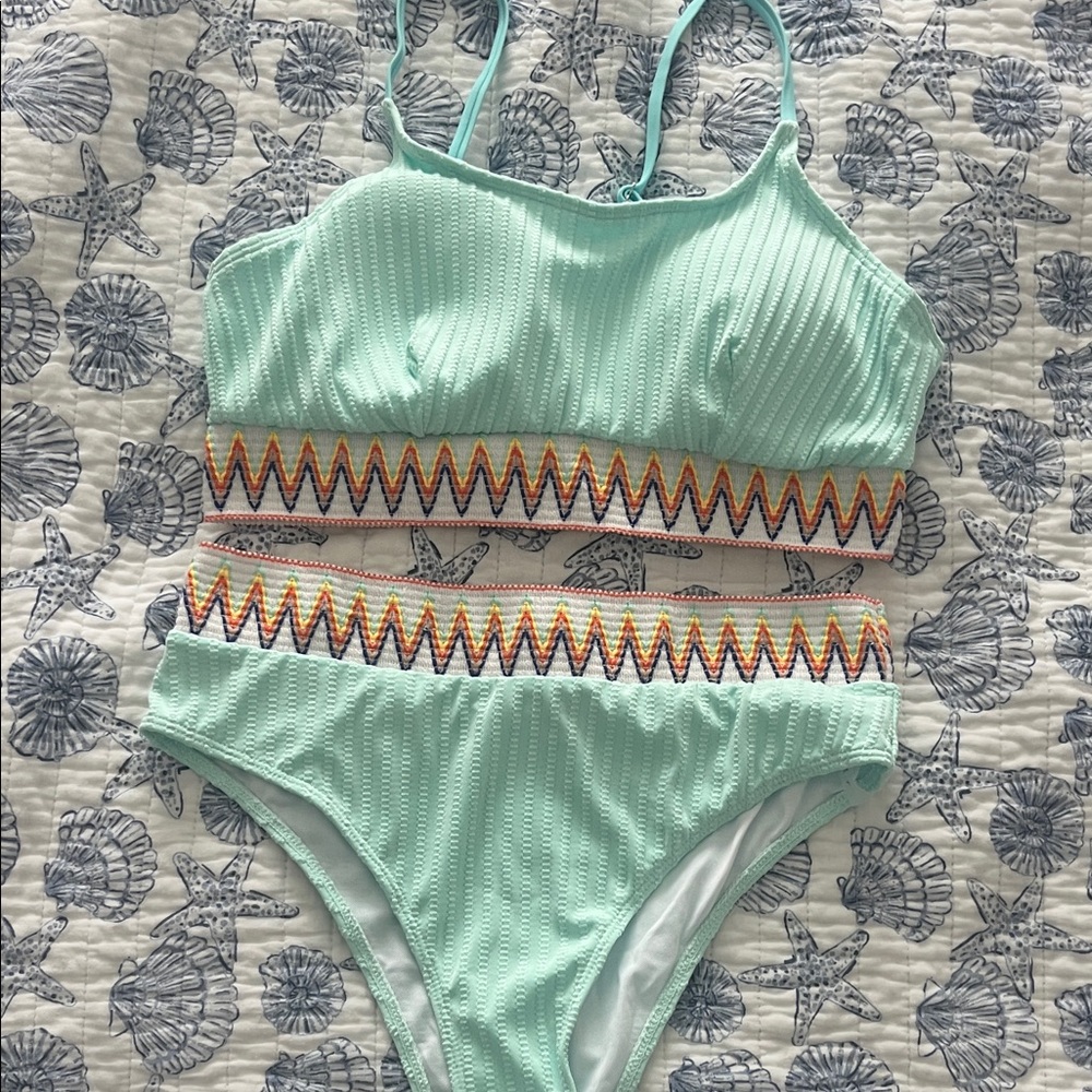 Mint Green Two Piece Swimsuit with Colorful Zigzag Pattern